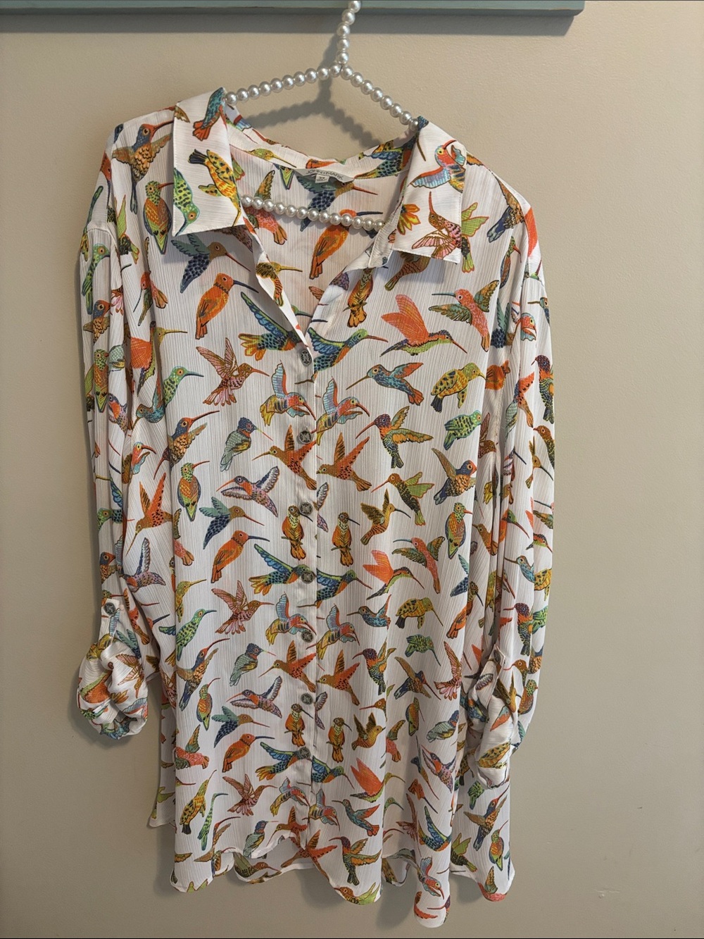 John Mark Tunic Top 3X Womens White Hummingbird Print Button Up Blouse Roll Tab